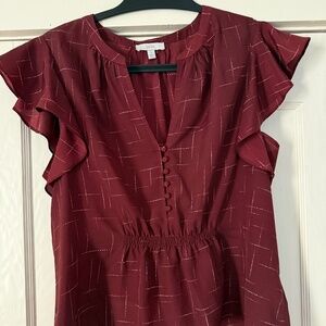 Joie Crisbell Ruffled Printed Crepe Top in Burgundy